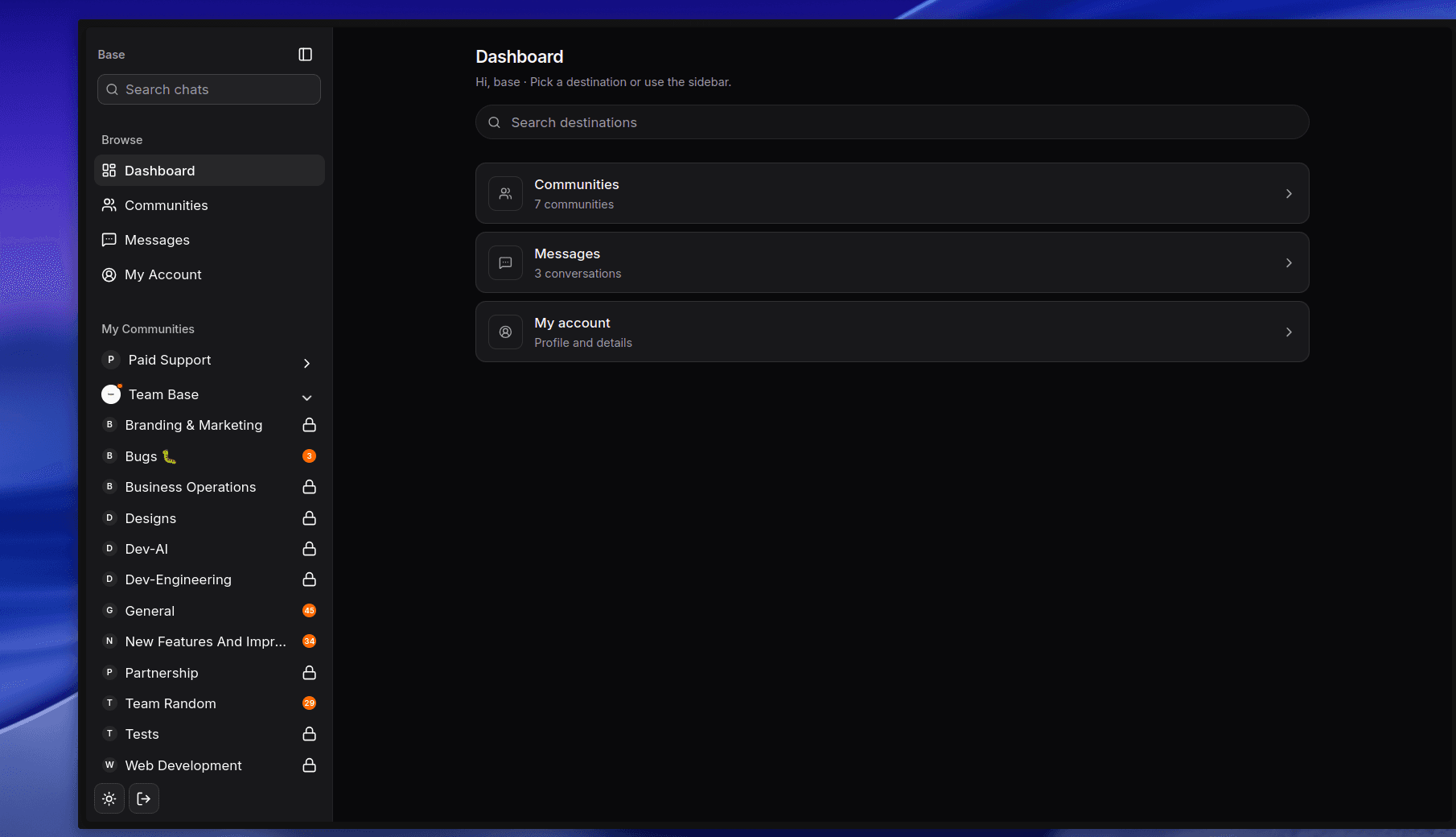Base web app interface showing dashboard and navigation