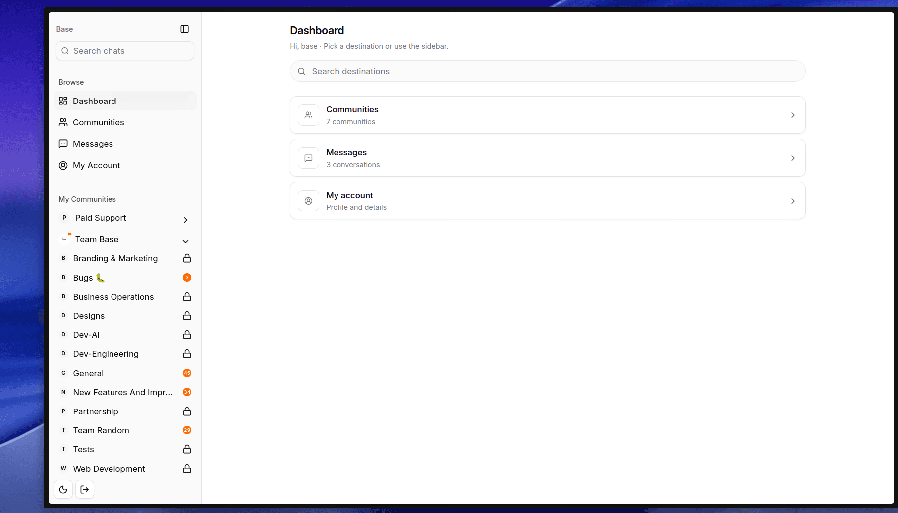 Base web app interface showing dashboard and navigation