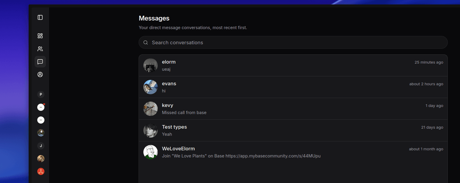 Base web app messages inbox with conversations list