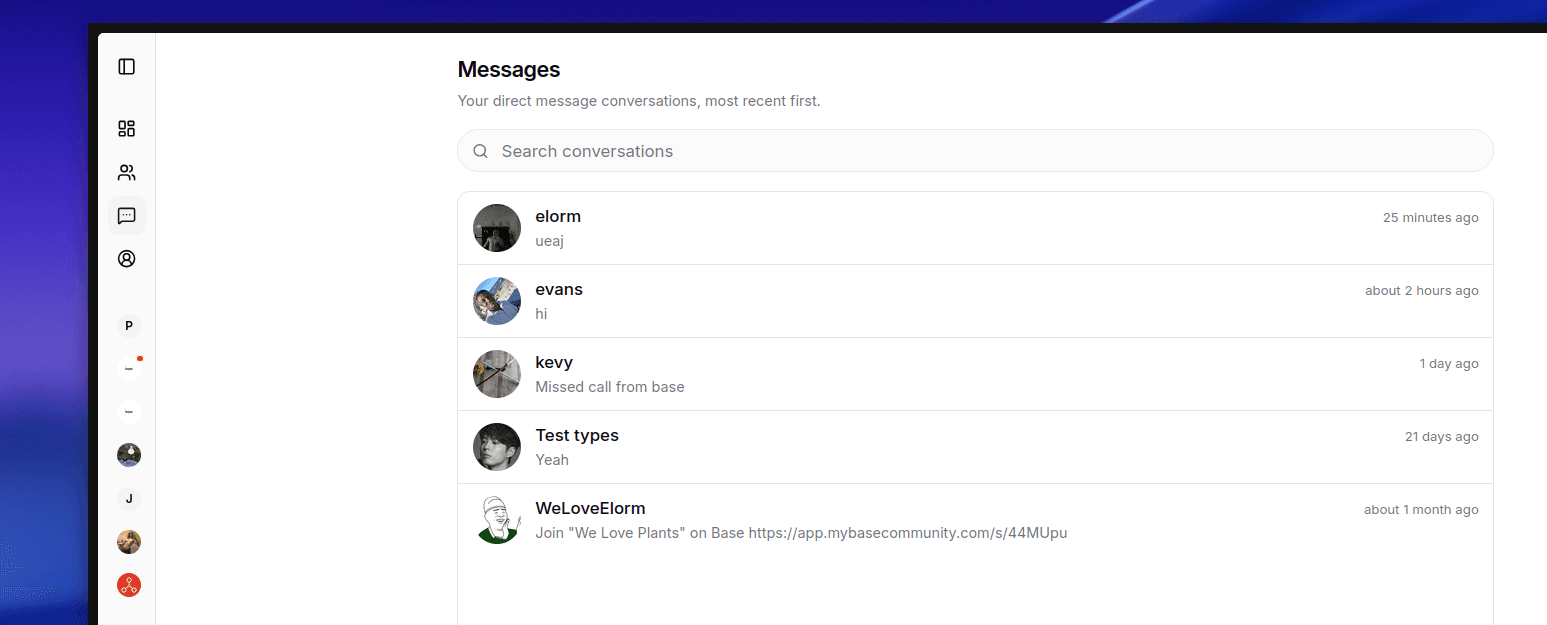 Base web app messages inbox with conversations list